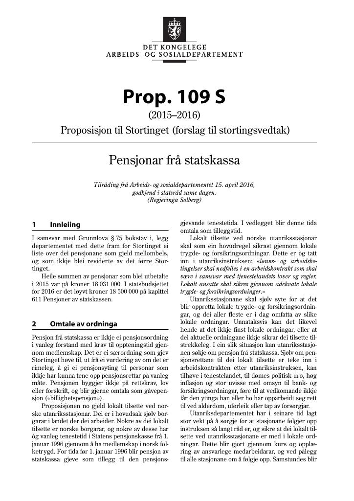 Forsiden av dokumentet Prop. 109 S (2015–2016)