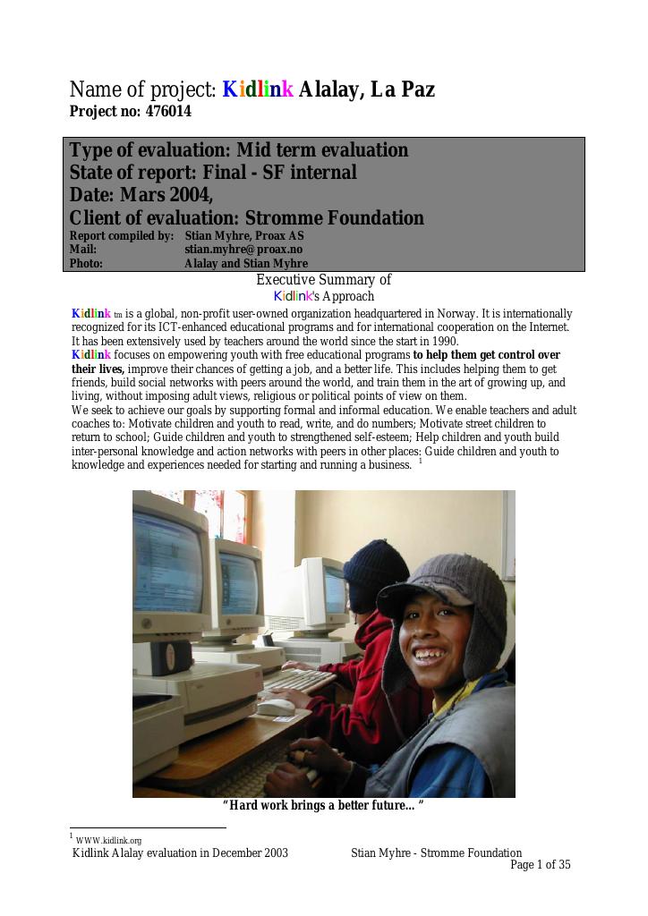 Forsiden av dokumentet Mid Term Evaluation of Kid Link Project