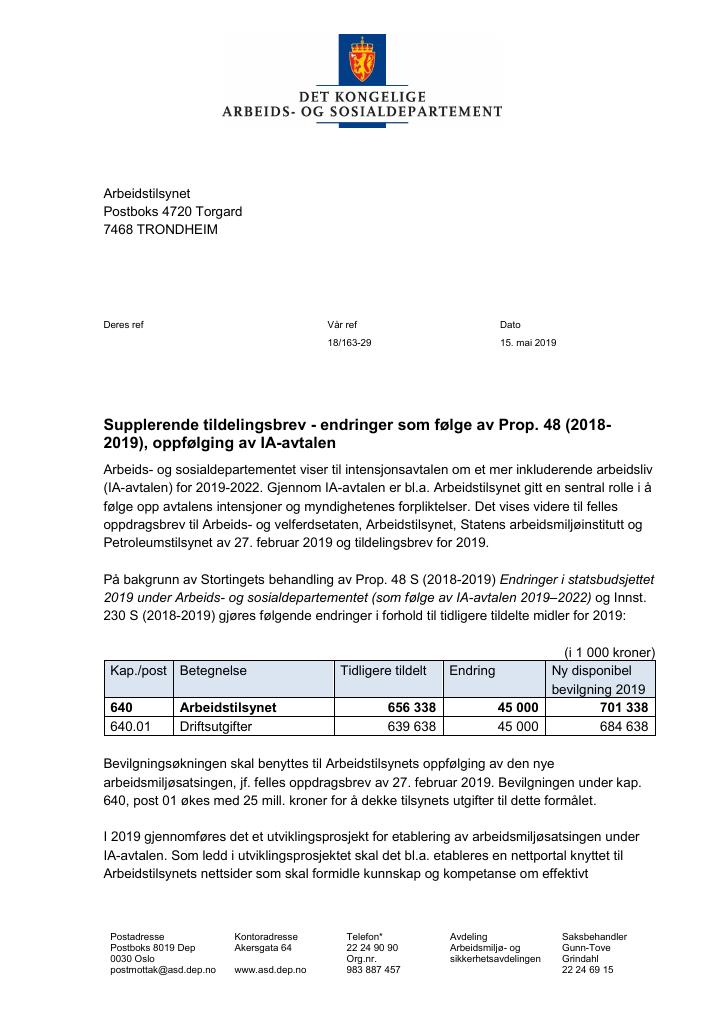 Forsiden av dokumentet Tildelingsbrev Arbeidstilsynet 2019 - tillegg nr. 4