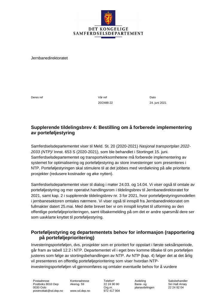 Forsiden av dokumentet Tildelingsbrev Jernbanedirektoratet 2021 - tillegg nr. 4