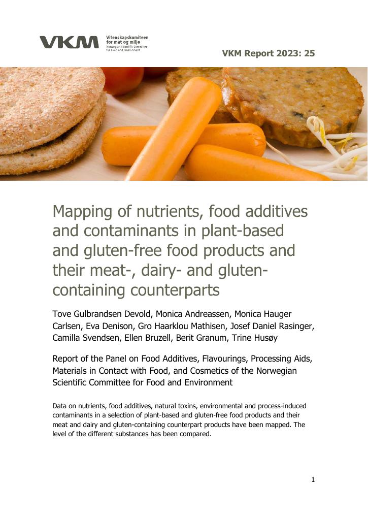 Forsiden av dokumentet Mapping of nutrients, food additives and contaminants in plant-based and gluten-free food products and their meat, dairy and gluten-containing counterparts