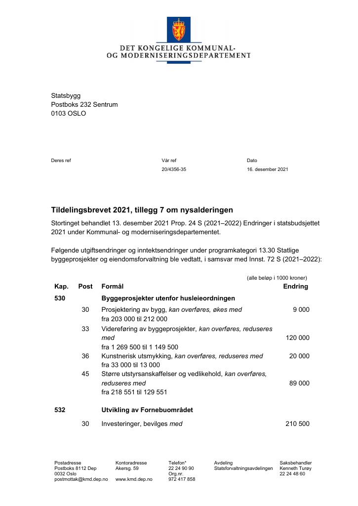 Forsiden av dokumentet Tildelingsbrev Statsbygg 2021 - tillegg nr. 7