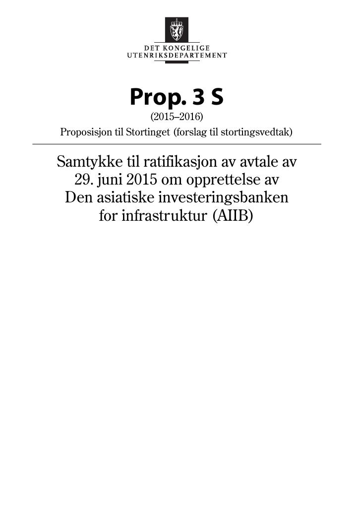 Forsiden av dokumentet Prop. 3 S (2015–2016)