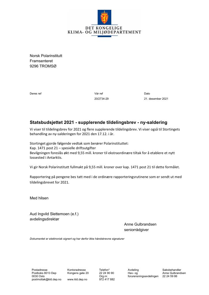 Forsiden av dokumentet Supplerende tildelingsbrev Norsk polarinstitutt 2021