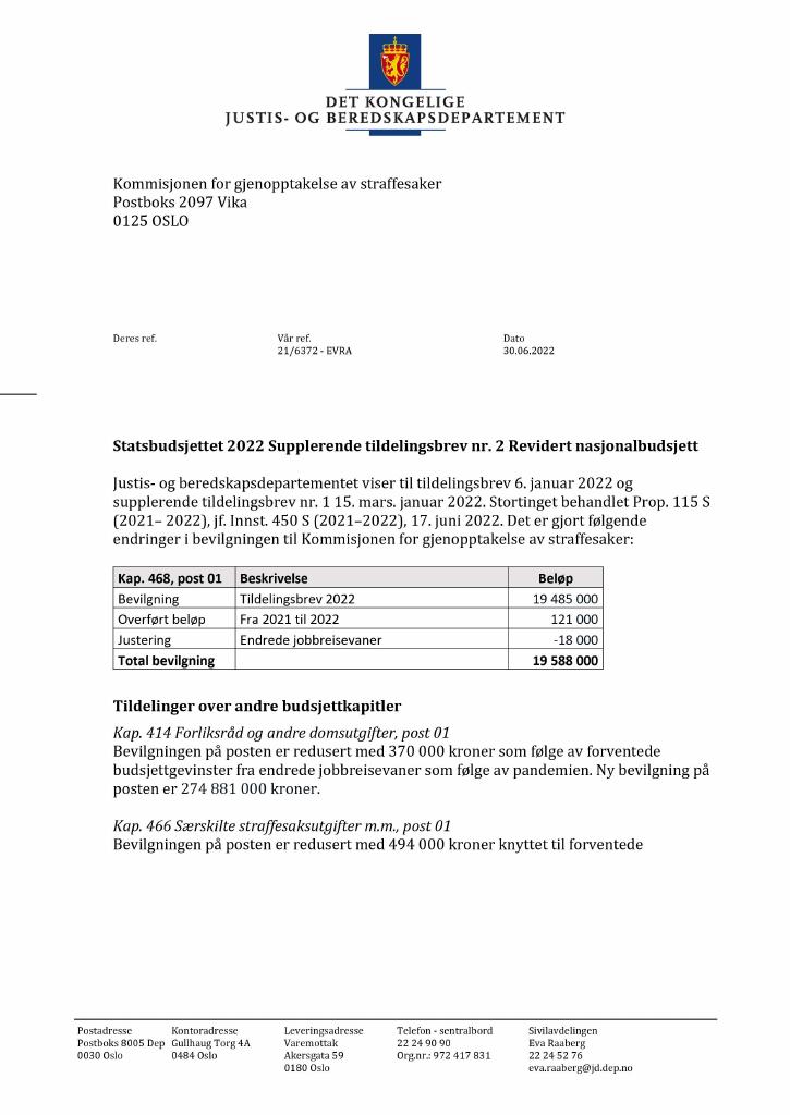 Forsiden av dokumentet Tildelingsbrev Kommisjonen for gjenopptakelse av straffesaker 2022 - tillegg nr. 2