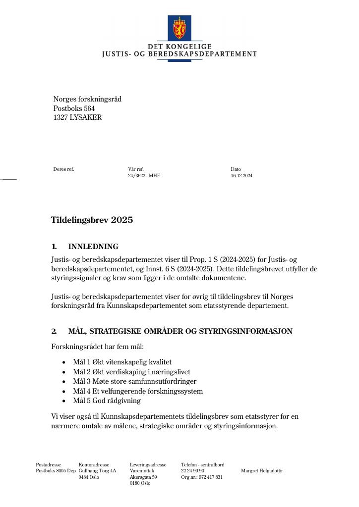Forsiden av dokumentet Tildelingsbrev Norges forskningsråd 2025
