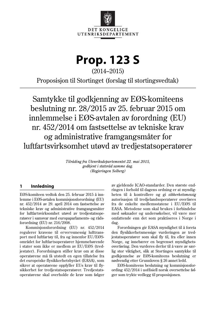 Forsiden av dokumentet Prop. 123 S (2014–2015)