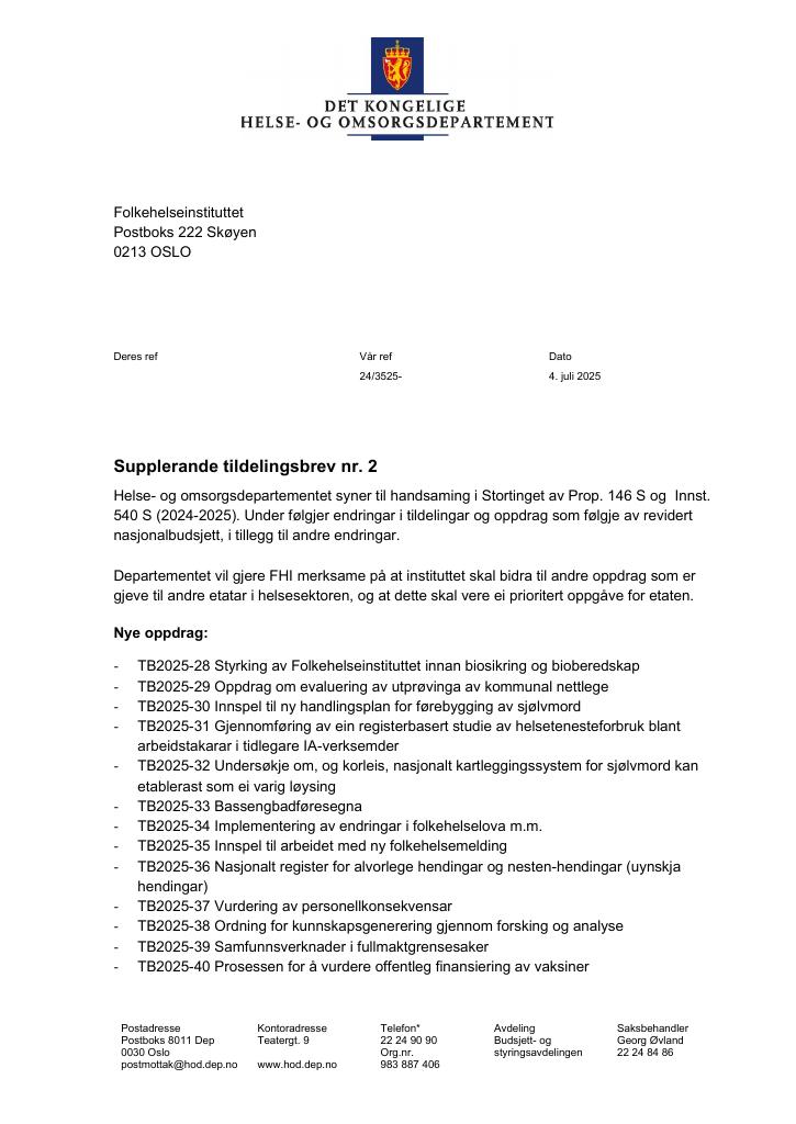 Forsiden av dokumentet Tildelingsbrev Folkehelseinstituttet 2025 - tillegg nr. 2