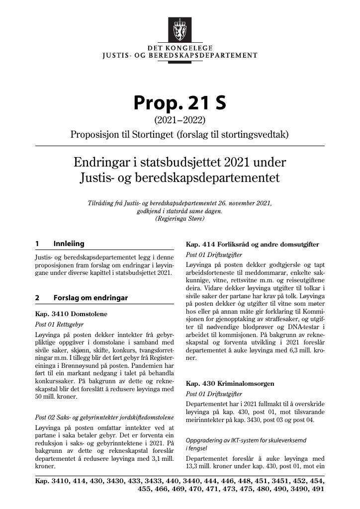 Forsiden av dokumentet Prop. 21 S (2021–2022)