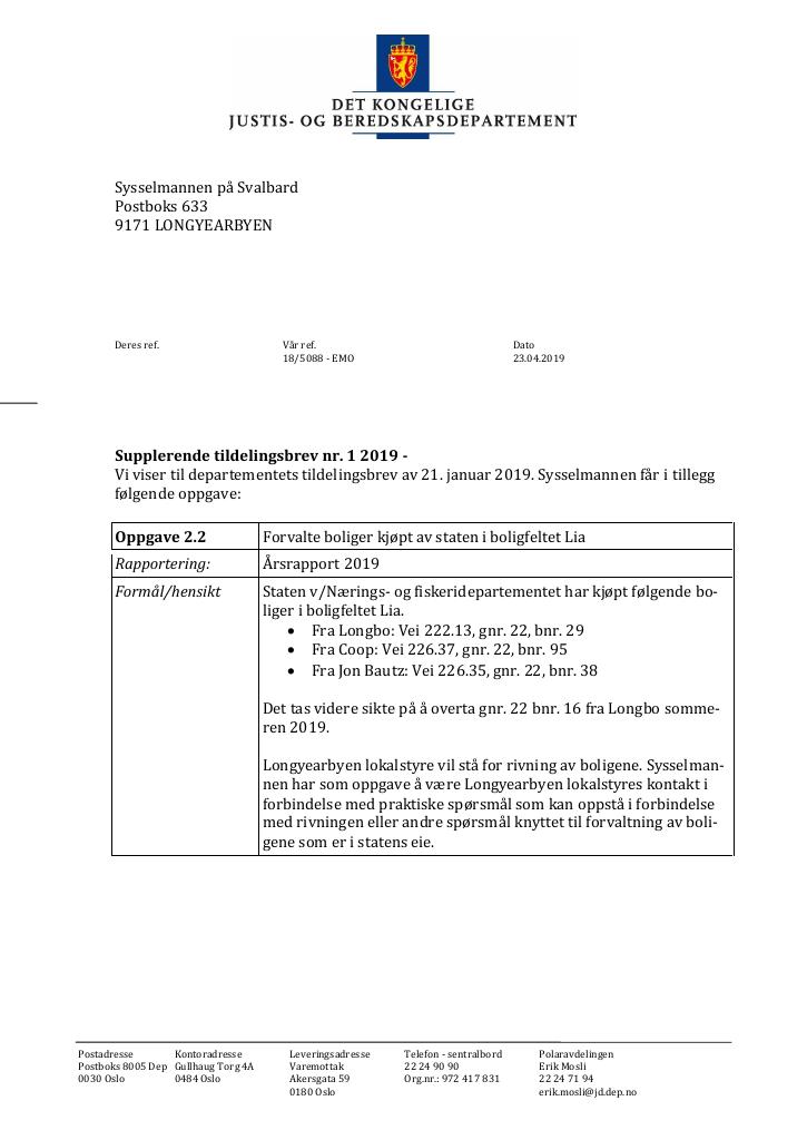 Forsiden av dokumentet Supplerende tildelingsbrev nr. 1 Sysselmesteren på Svalbard 2019