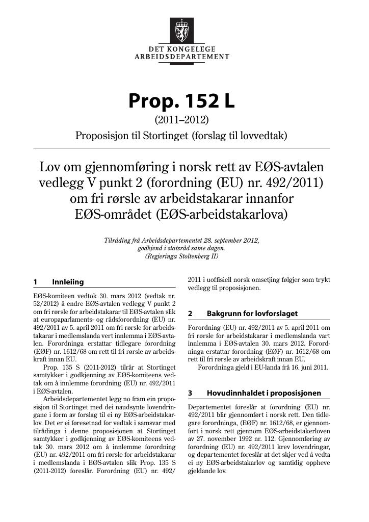 Forsiden av dokumentet Prop. 152 L (2011–2012)