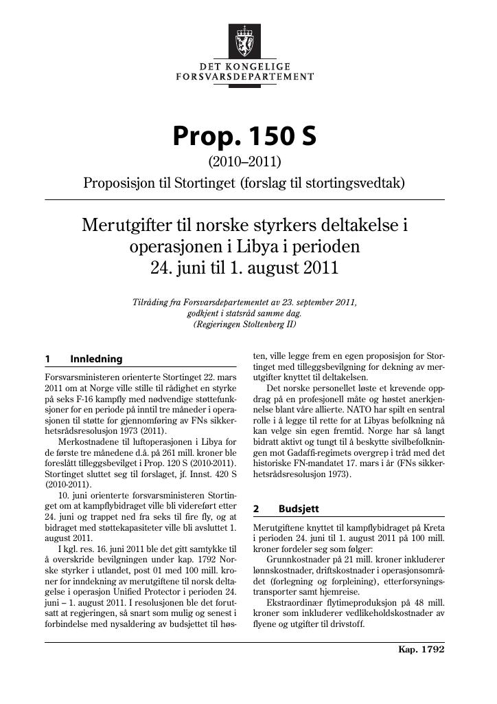 Forsiden av dokumentet Prop. 150 S (2010–2011)