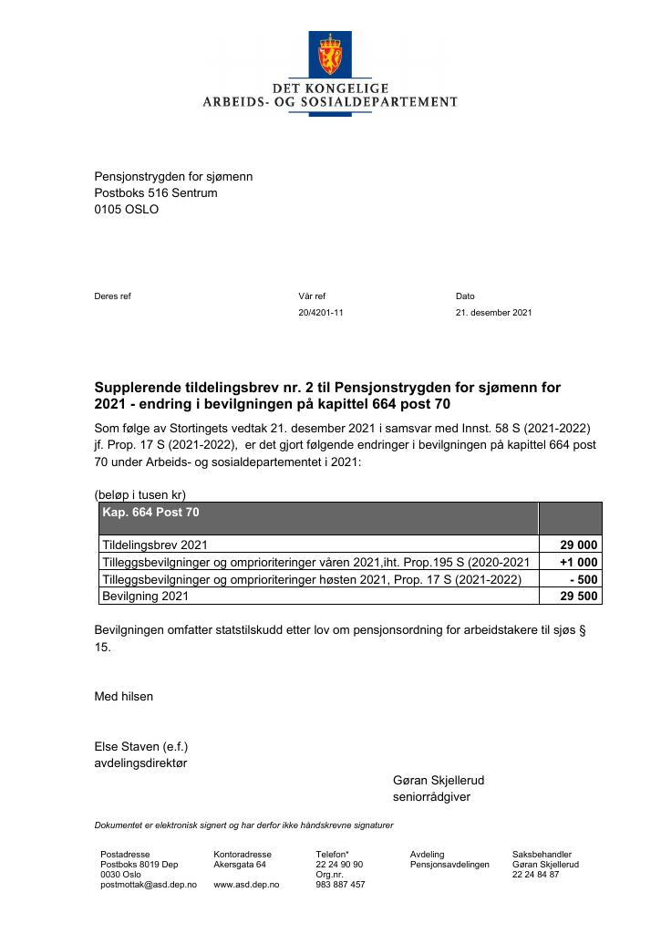 Forsiden av dokumentet Tildelingsbrev Pensjonstrygden for sjømenn 2021 - tillegg nr. 2