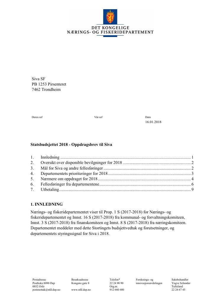 Forsiden av dokumentet Oppdragsbrev Siva 2018