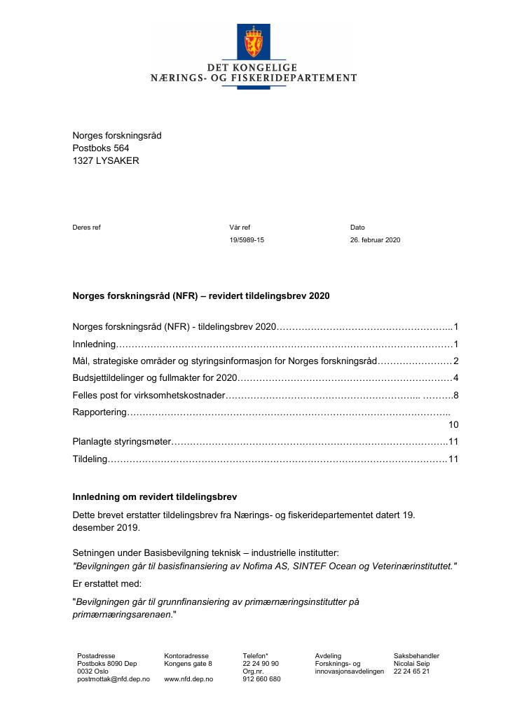 Forsiden av dokumentet Revidert tildelingsbrev Norges forskningsråd 2020