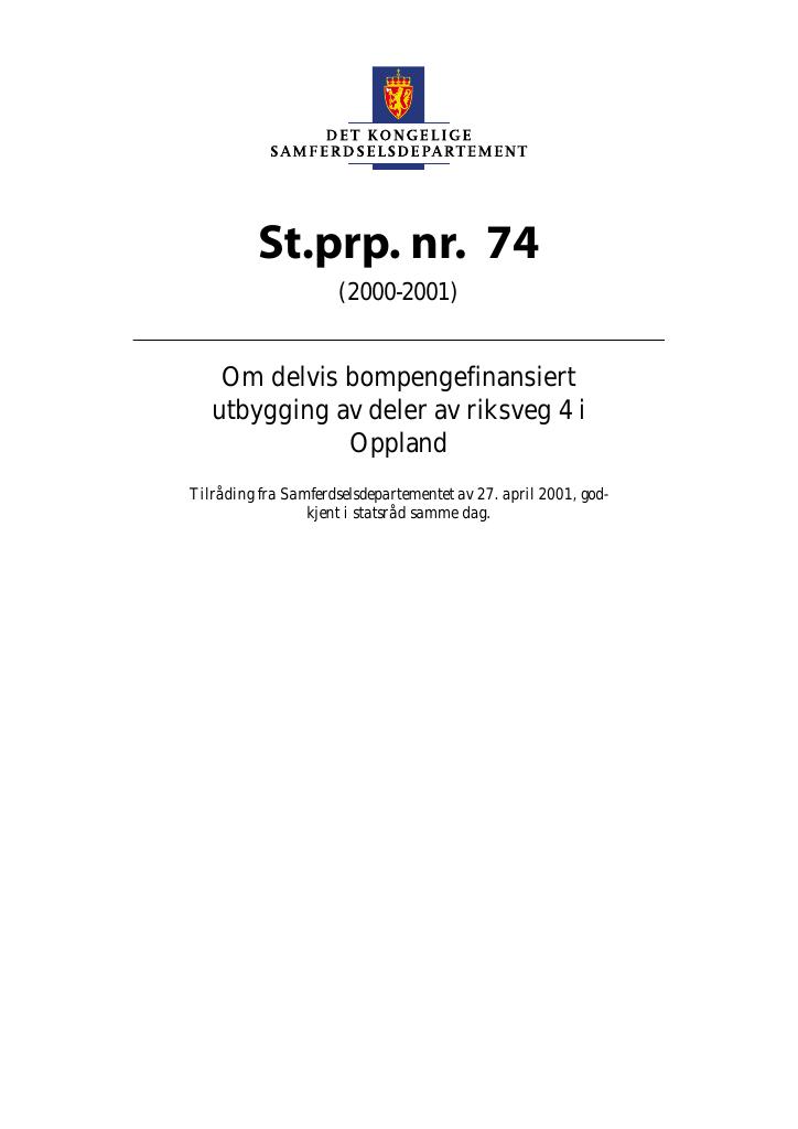 Forsiden av dokumentet St.prp. nr. 74 (2000-2001)