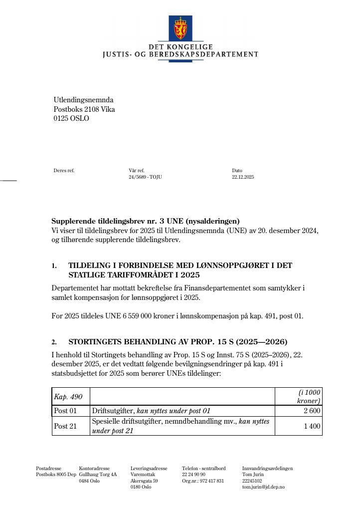 Forsiden av dokumentet Tildelingsbrev Utlendingsnemnda 2025 - tillegg nr. 3