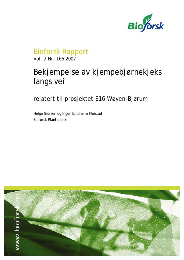 Forsiden av dokumentet Bekjempelse av kjempebjørnekjeks langs vei relatert til prosjektet E16 Wøyen-Bjørum