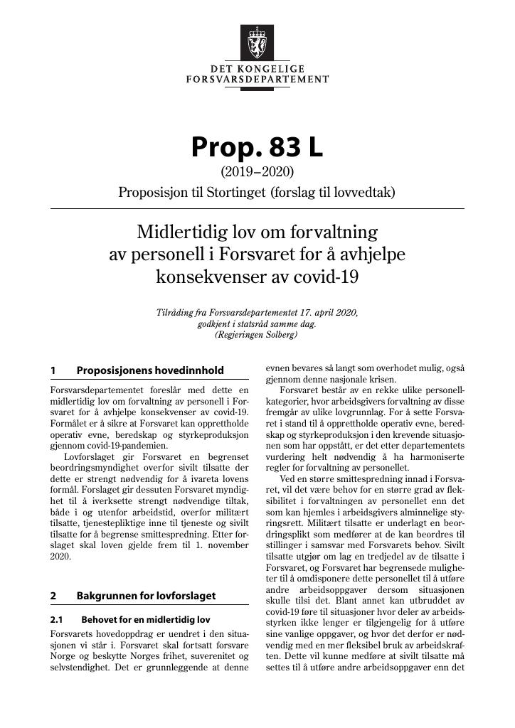 Forsiden av dokumentet Prop. 83 L (2019–2020)