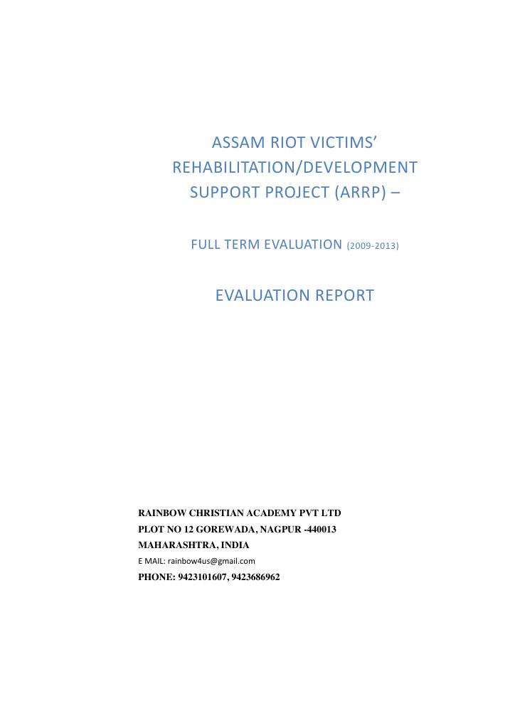 Forsiden av dokumentet Assam Riot Victims’ Rehabilitation/Development Support Project (ARRP) –Full Term Evaluation (2009-2013)