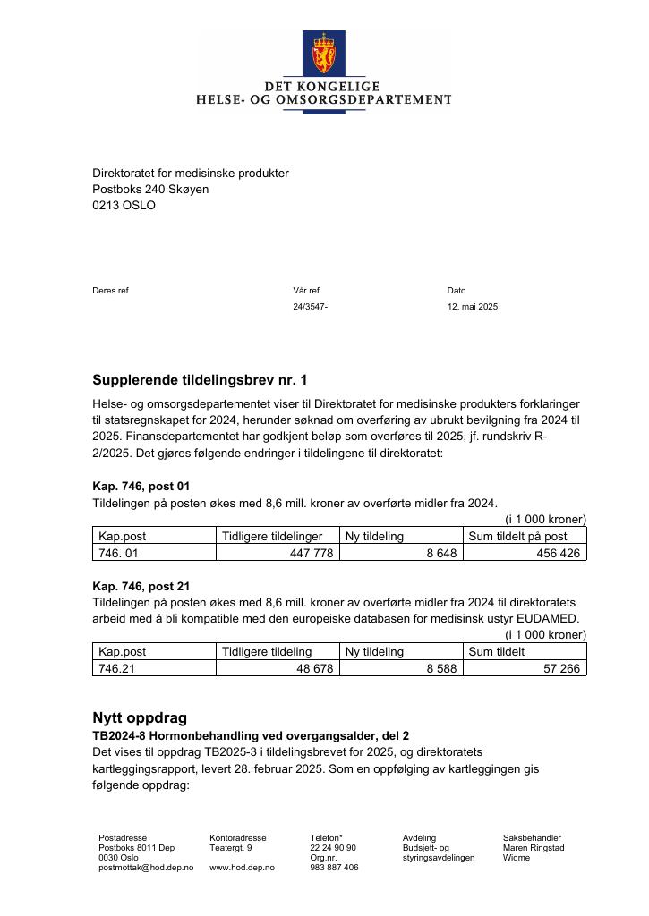 Forsiden av dokumentet Tildelingsbrev Direktoratet for medisinske produkter 2025 - tillegg nr. 1