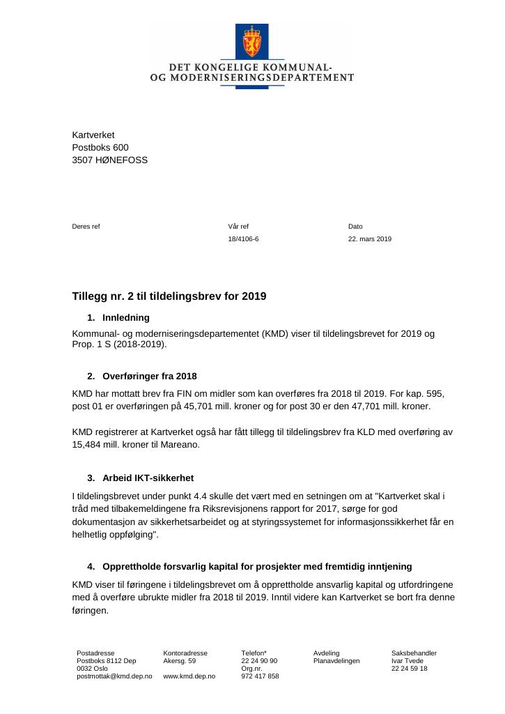 Forsiden av dokumentet Tildelingsbrev Kartverket 2019 - tillegg nr. 2