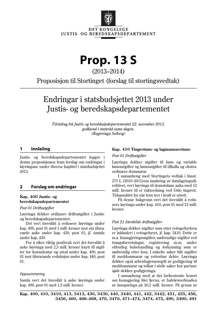 Forsiden av dokumentet Prop. 13 S (2013–2014)