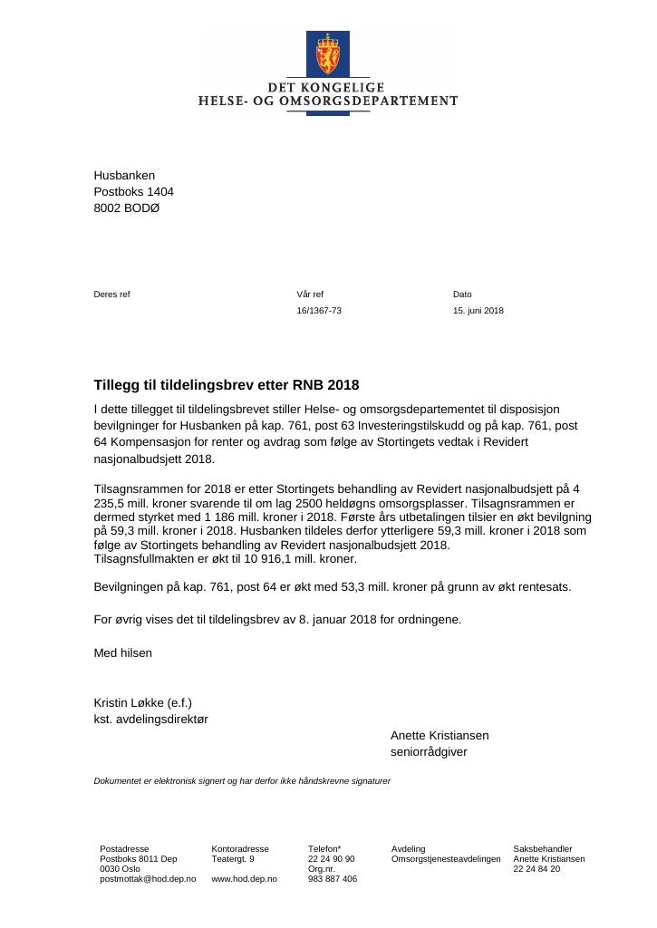 Forsiden av dokumentet Tildelingsbrev Husbanken 2018 - tillegg nr. 1