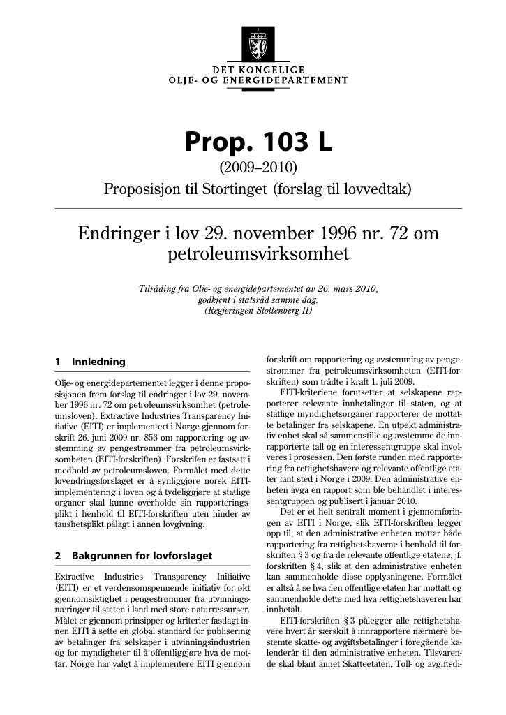 Forsiden av dokumentet Prop. 103 L (2009-2010)