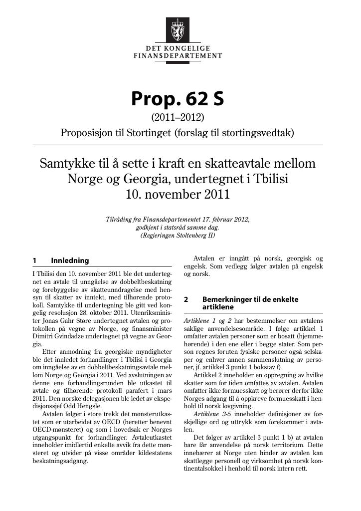 Forsiden av dokumentet Prop. 62 S (2011–2012)