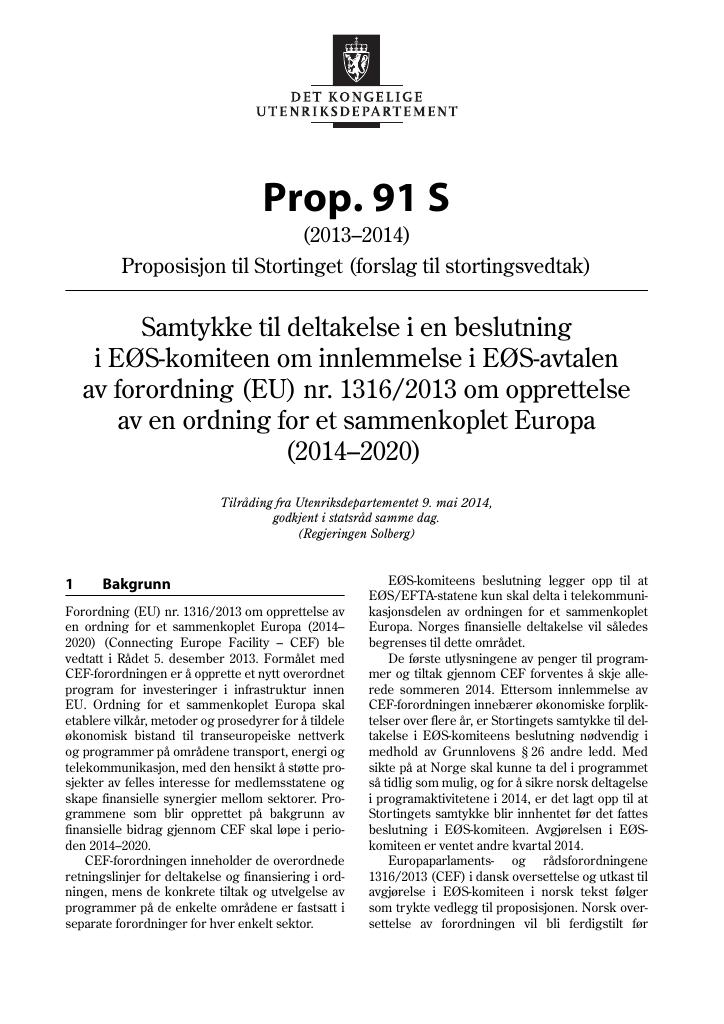 Forsiden av dokumentet Prop. 91 S (2013–2014)