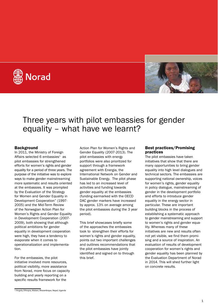 Forsiden av dokumentet Three years with pilot embassies for gender equality – what have we learnt?