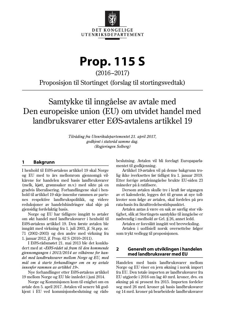 Forsiden av dokumentet Prop. 115 S (2016–2017)