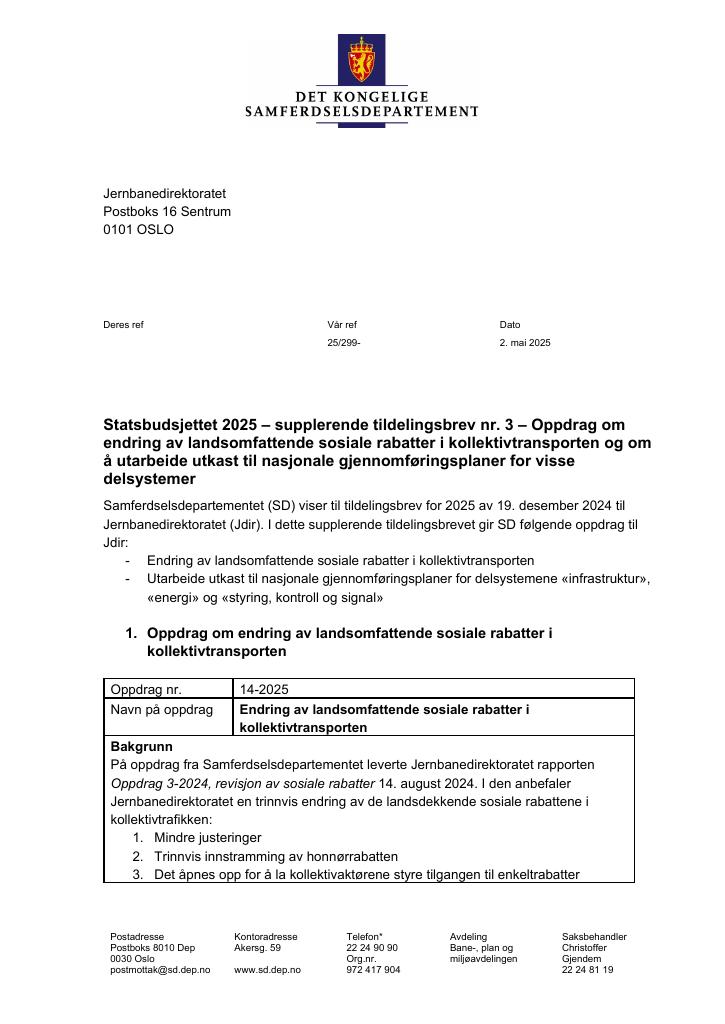 Forsiden av dokumentet Tildelingsbrev Jernbanedirektoratet 2025 - tillegg nr. 3
