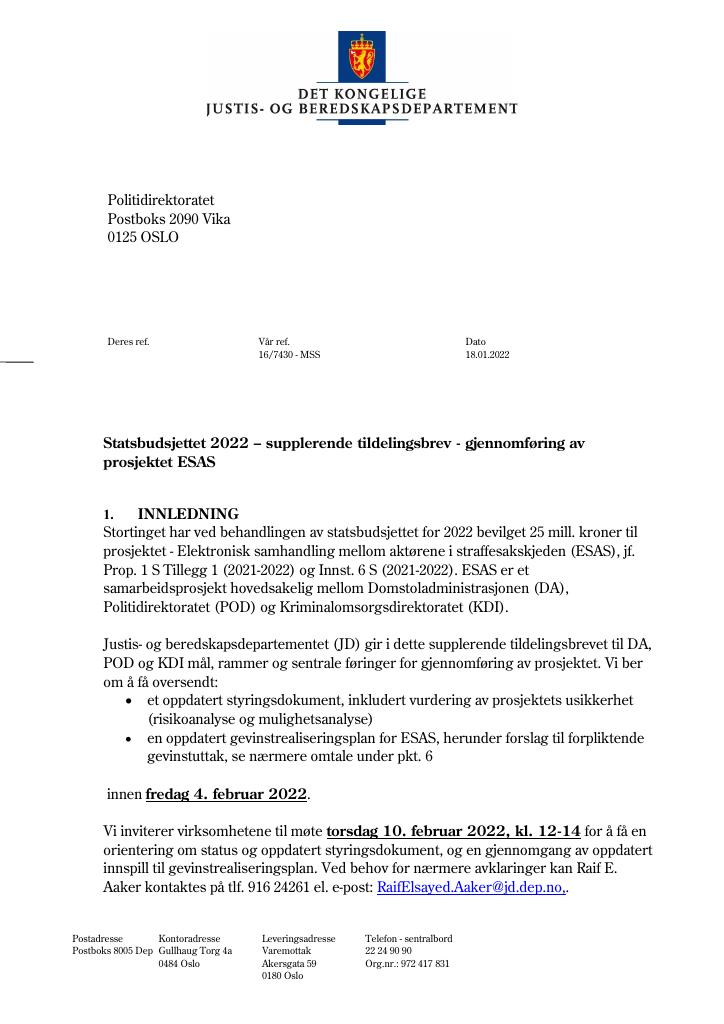 Forsiden av dokumentet Tildelingsbrev Politidirektoratet 2022 - tillegg nr. 1