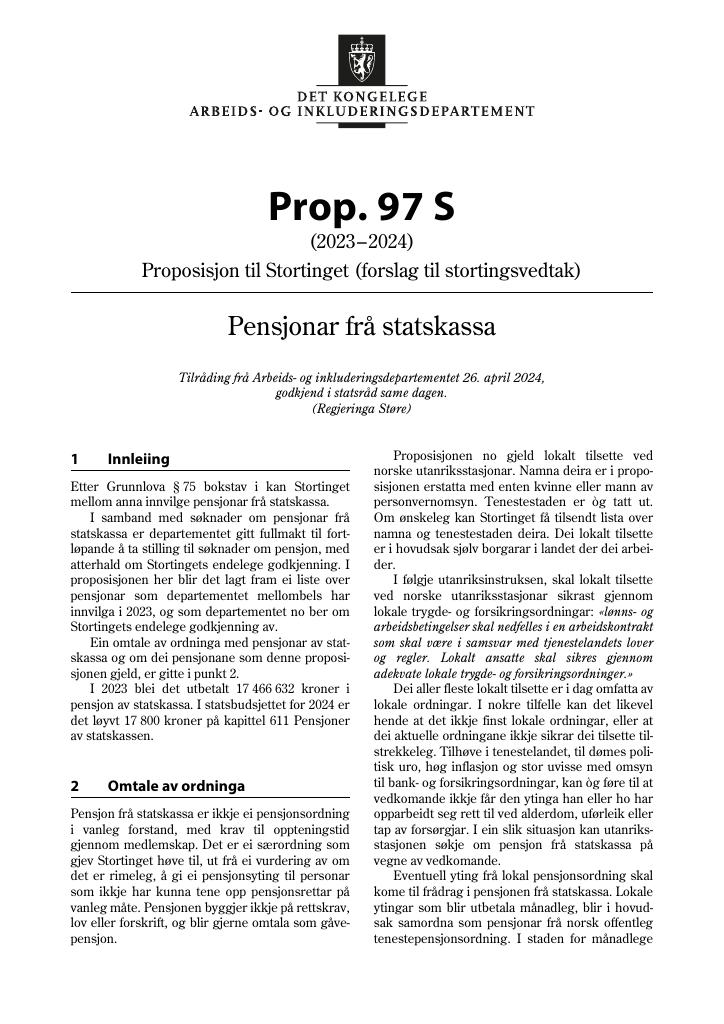Forsiden av dokumentet Prop. 97 S (2023–2024)
