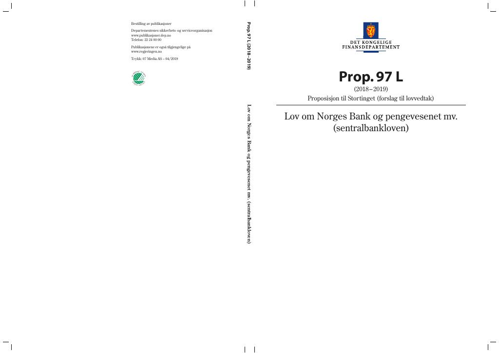 Forsiden av dokumentet Prop. 97 L (2018–2019)