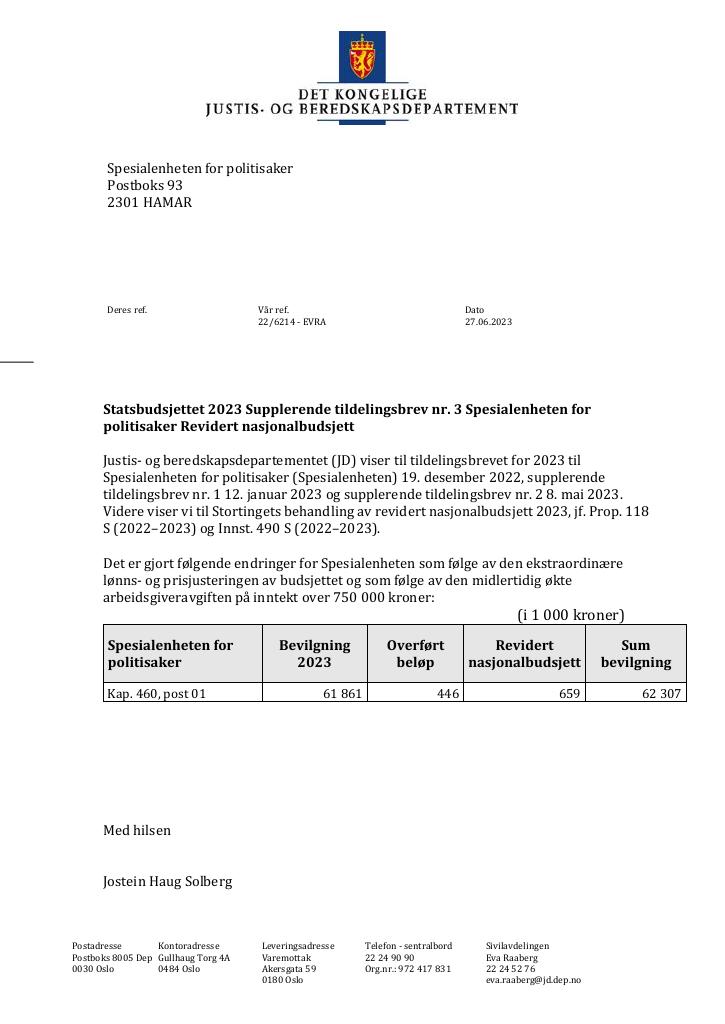 Forsiden av dokumentet Tildelingsbrev Spesialenheten for politisaker 2023 - tillegg nr. 3