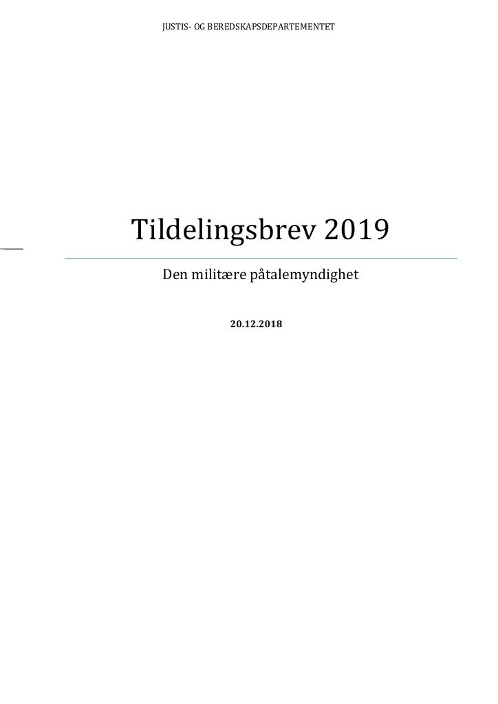 Forsiden av dokumentet Tildelingsbrev Generaladvokaten (Den militære påtalemyndighet) 2019