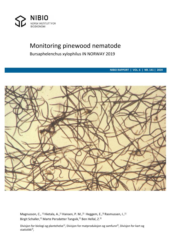 Forsiden av dokumentet Monitoring pinewood nematode : Bursaphelenchus xylophilus IN NORWAY 2019