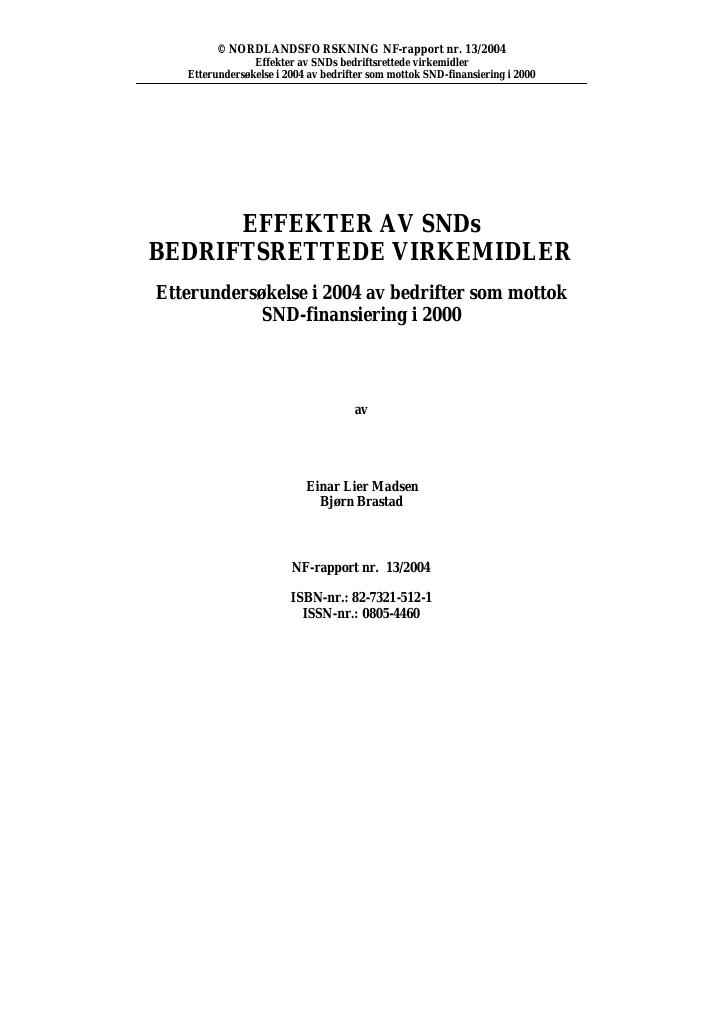 Forsiden av dokumentet Effekter av SNDs bedriftsrettede virkemidler