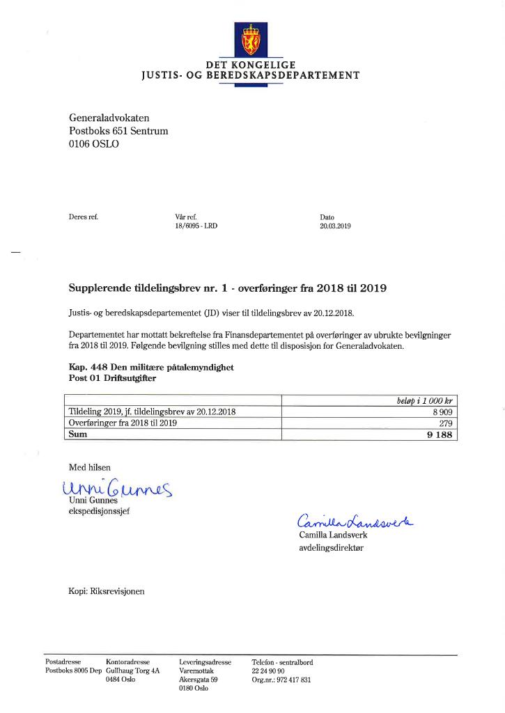 Forsiden av dokumentet Supplerende tildelingsbrev nr. 1 Generaladvokaten 2019
