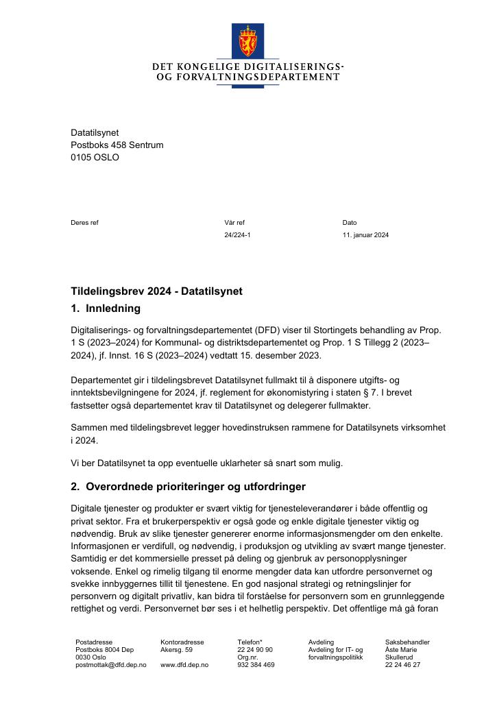 Forsiden av dokumentet Tildelingsbrev(pdf) 2024