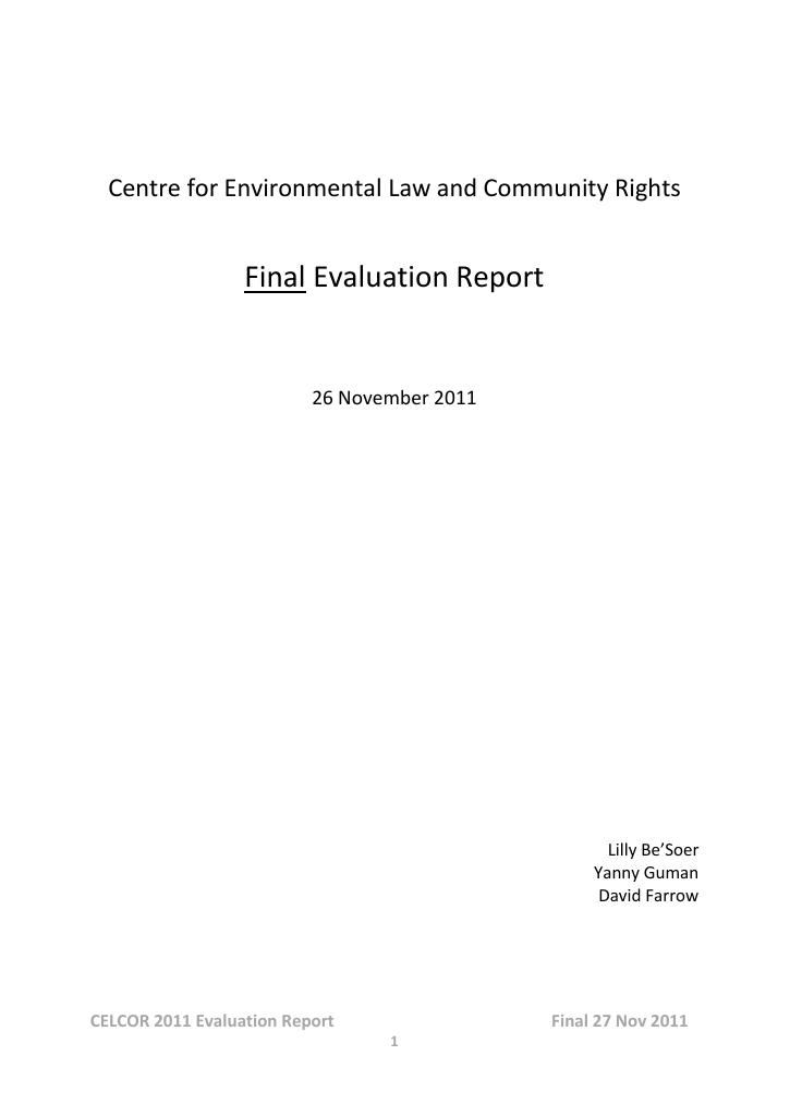 Forsiden av dokumentet Centre for Environmental Law and Community Rights final evaluation report