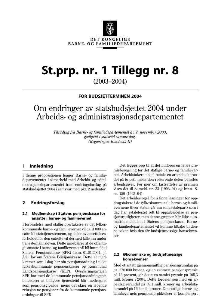 Forsiden av dokumentet St.prp nr. 1 Tillegg nr. 8 (2003-2004)