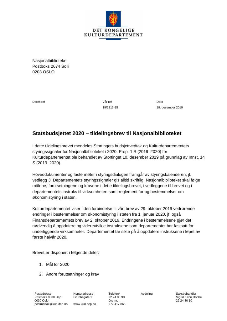 Forsiden av dokumentet Tildelingsbrev Nasjonalbiblioteket 2020