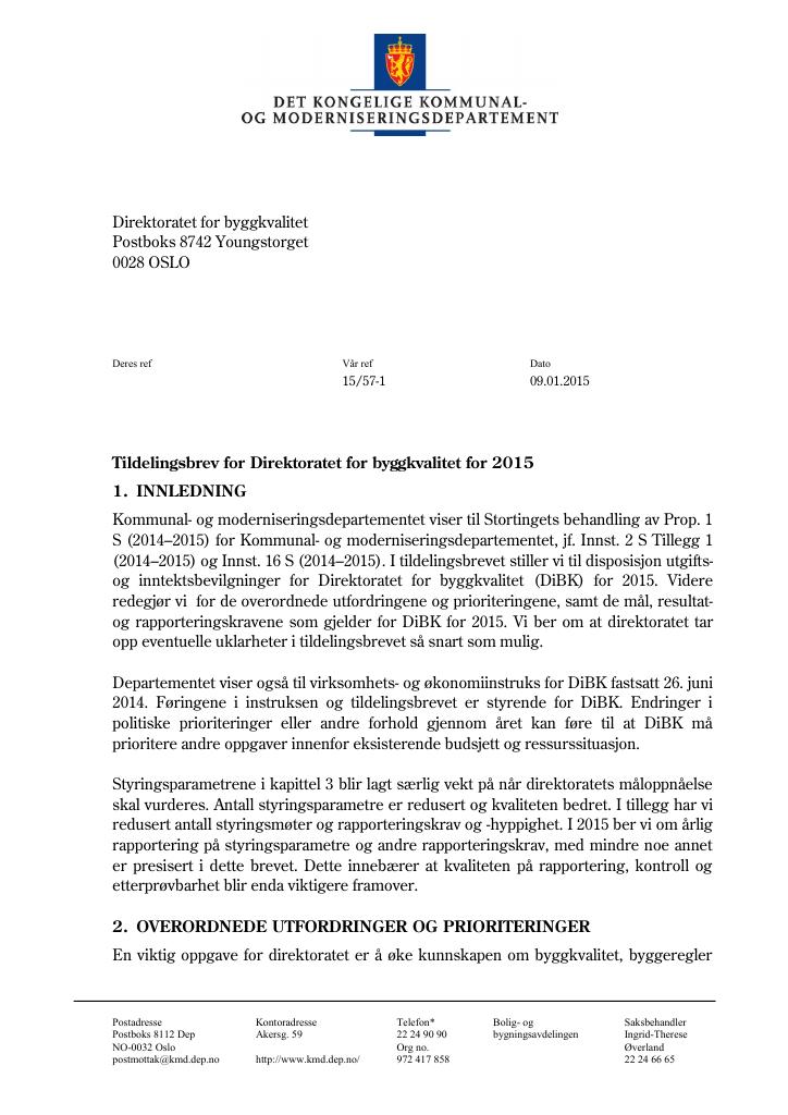 Forsiden av dokumentet Tildelingsbrev (pdf)
