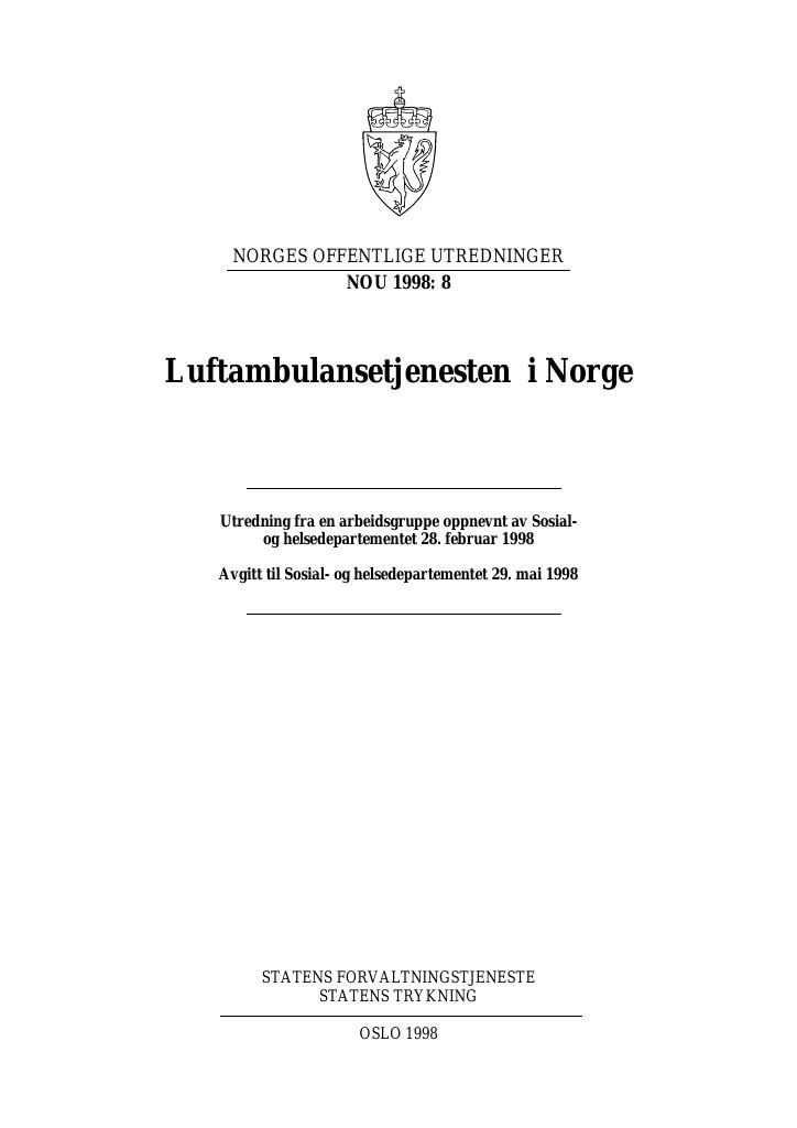 Forsiden av dokumentet NOU 1998: 8 - Luftambulansetjenesten i Norge