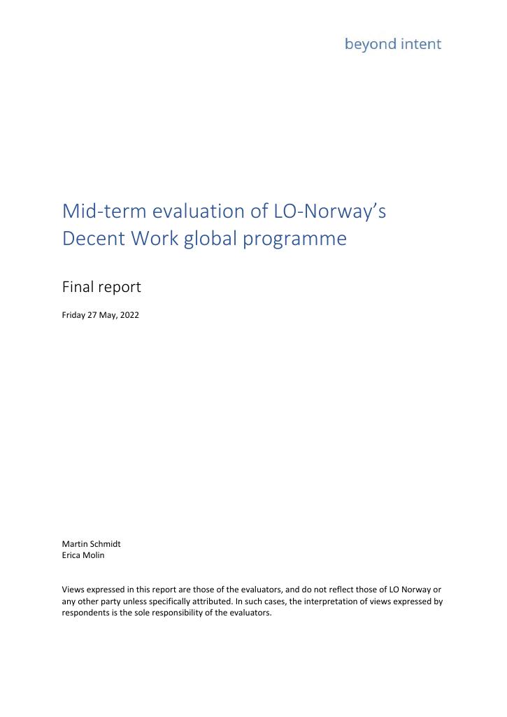 Forsiden av dokumentet Mid-term evaluation of LO-Norway’s Decent Work global programme