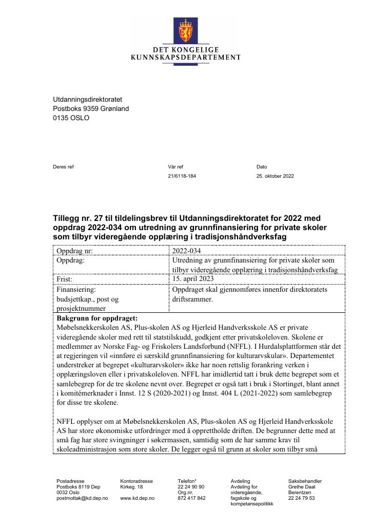 Forsiden av dokumentet Tildelingsbrev Utdanningsdirektoratet 2022 - tillegg nr. 27